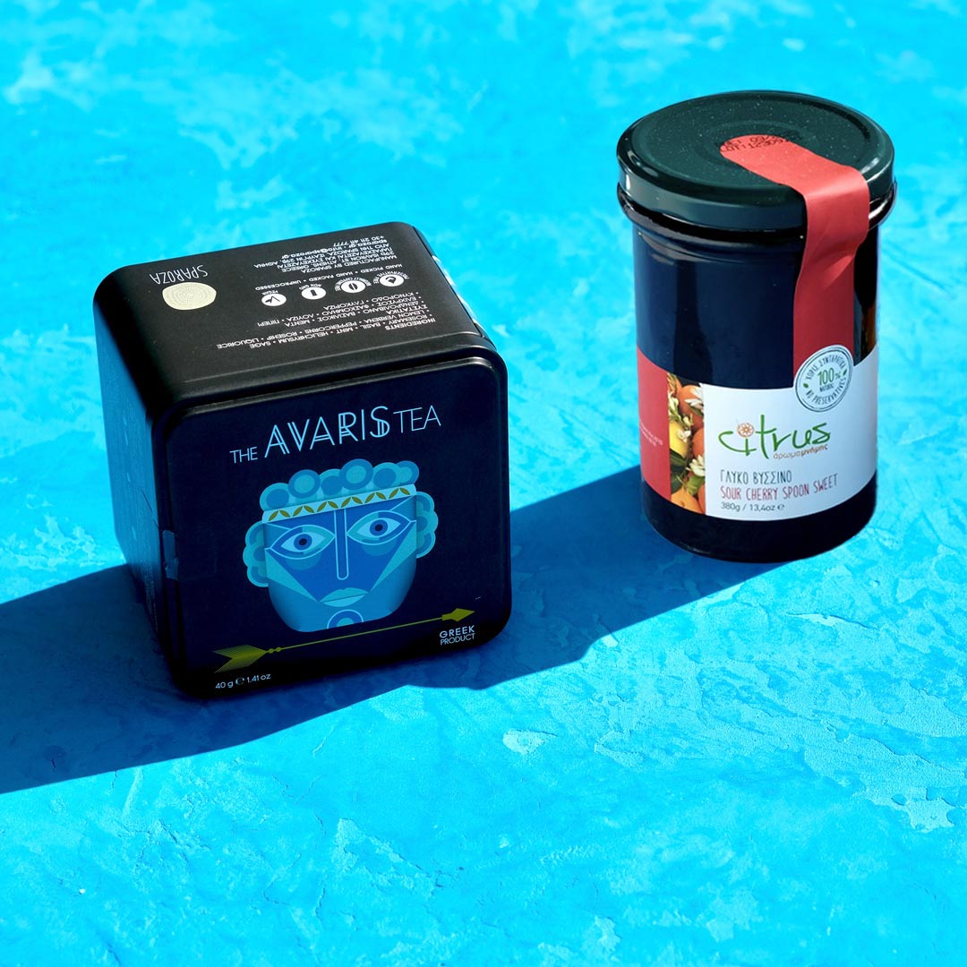 Avaris Herbal Tea & Chian tangerine preserve. Greek gift idea with products from Greece 