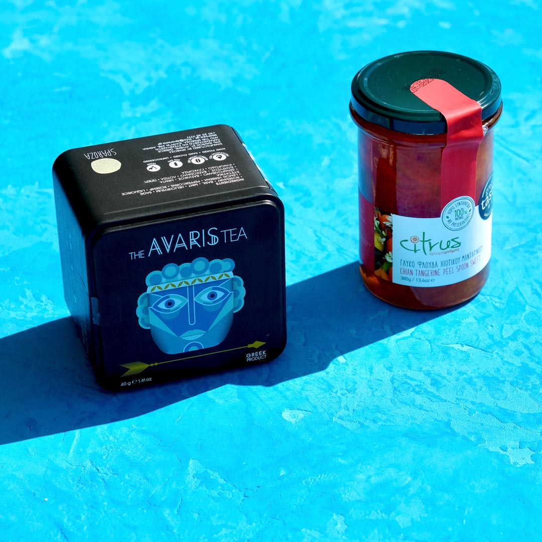 Avaris Herbal Tea & Chian tangerine preserve. Greek gift idea with products from Greece 