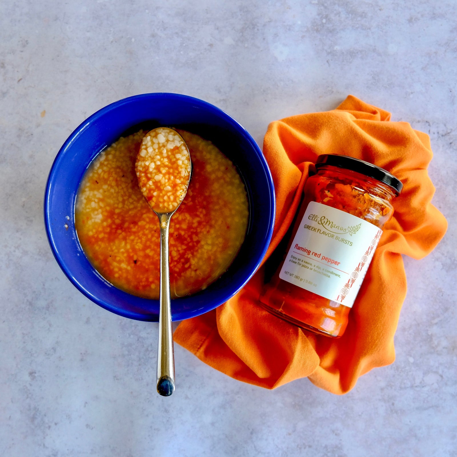 Spicy Trahana soup with flaming red pepper dip