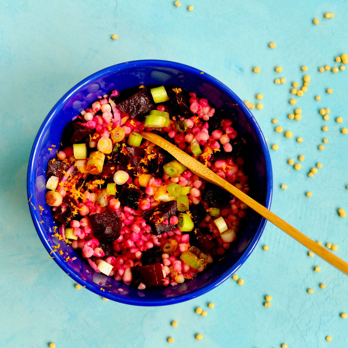 A Mediterranean couscous salad with a roasted beet and orange twist