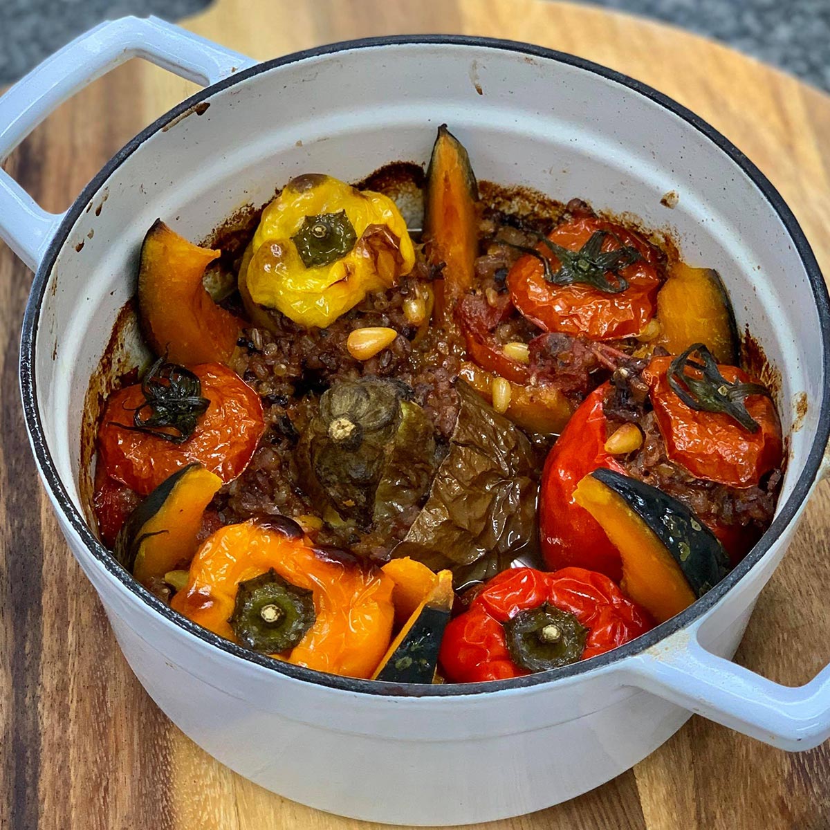 Vegan Greek stuffed peppers and veggies gemista