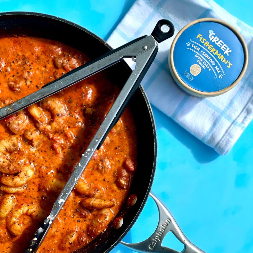 Stovetop shrimp saganaki using Greek Fisherman's mix