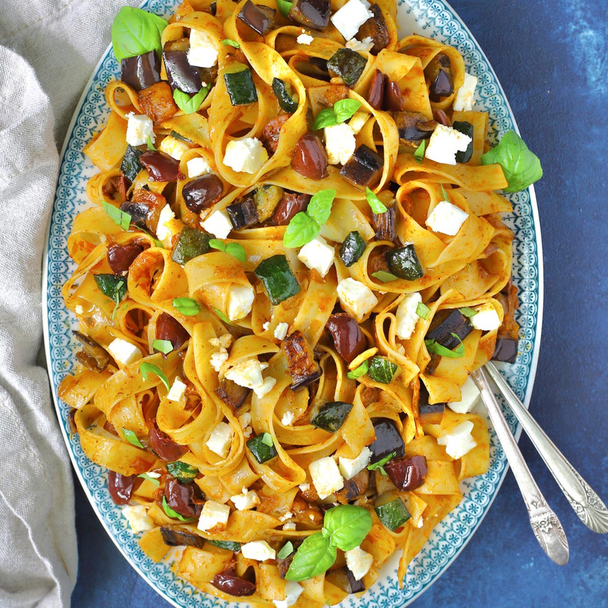 Agrozimi hilopites, tagliatelle pasta, with eggplant & zucchini