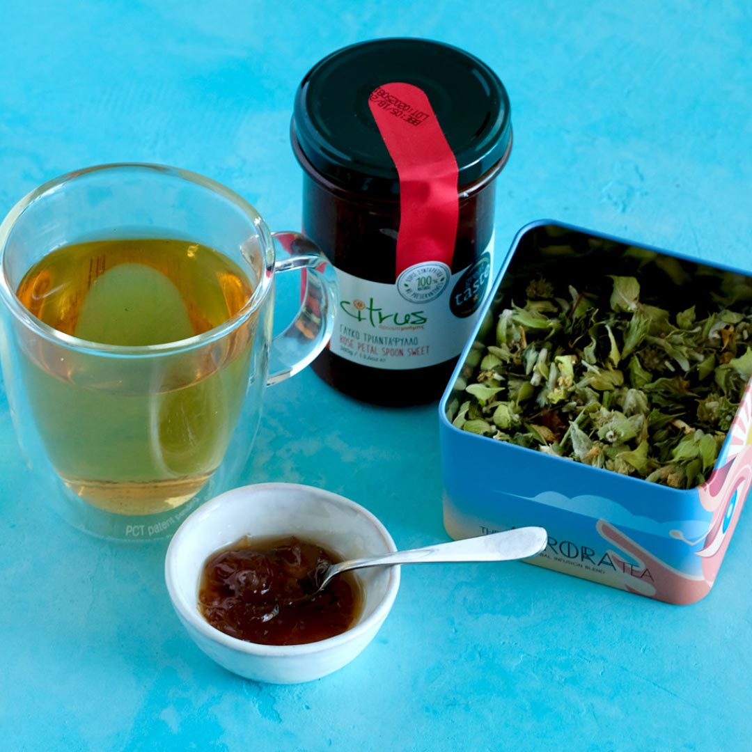 The Rosy Dawn Gift Set - Aurora Mountain Herbal Tea & Rose Petal Spoon Sweet. Greek gift basket with products from Greece